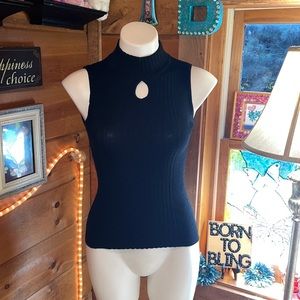 Tiara black sleeveless high collar shirt keyhole sleeveless